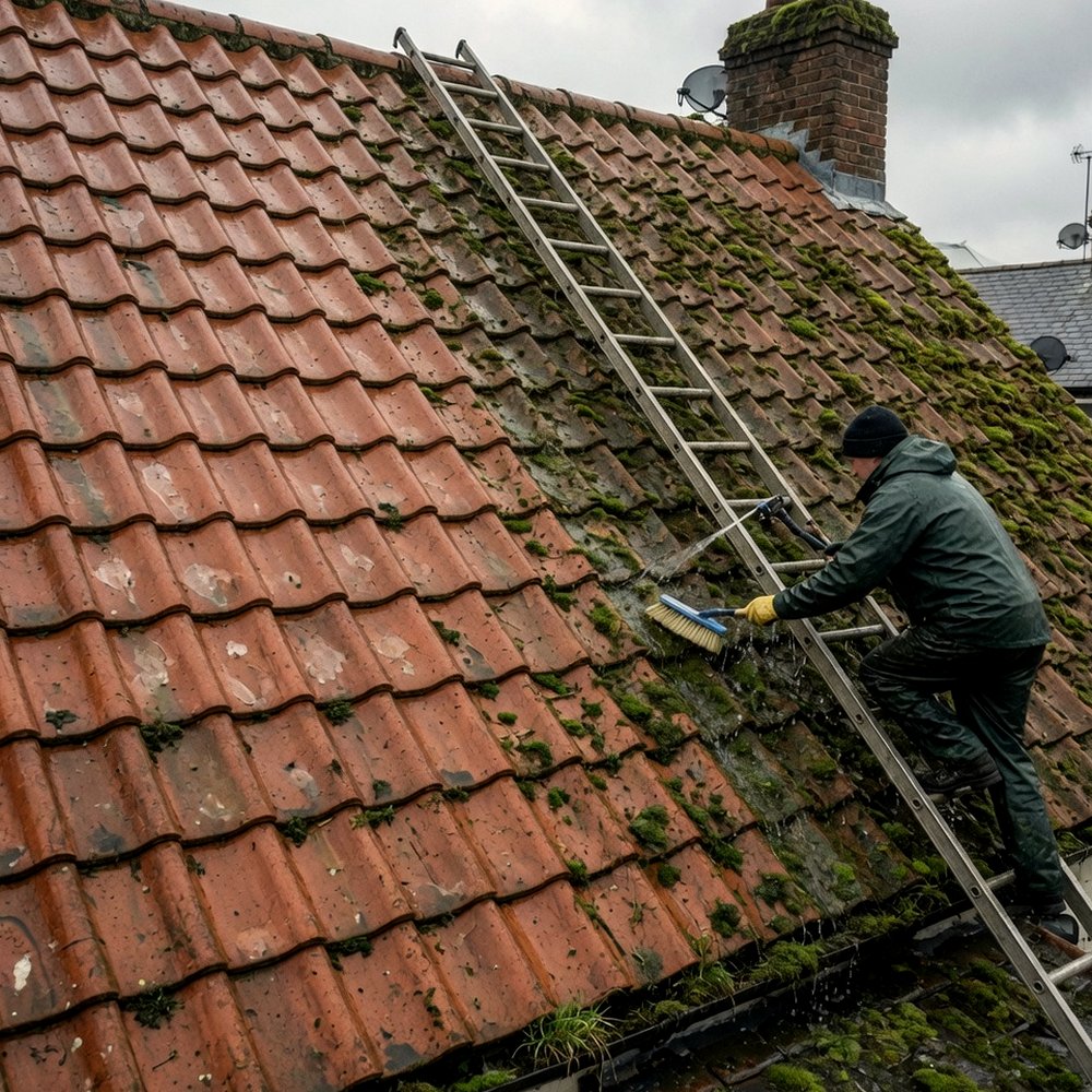 Worker on a roof ladder brushing moss from clay tiles